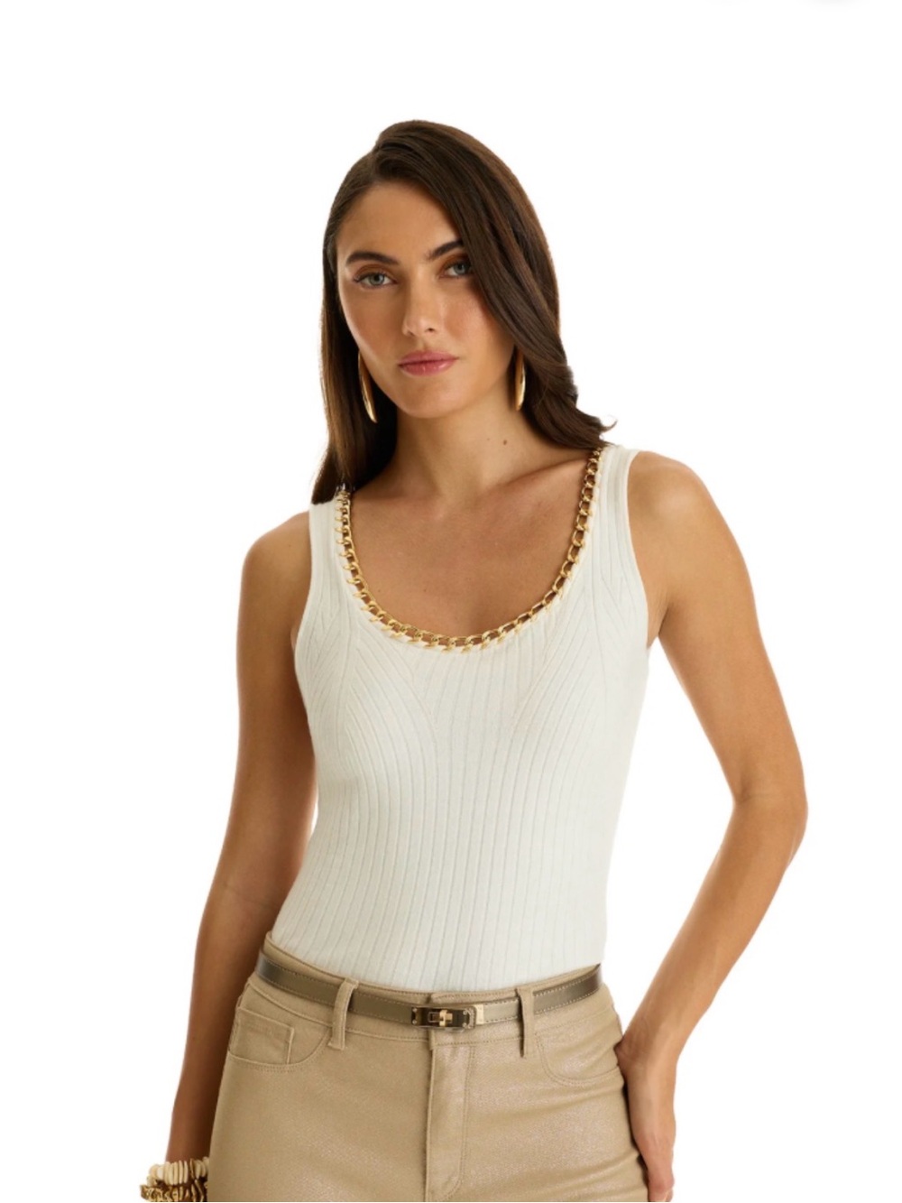 The Noli Shop - Millie Knit Tank in Pearl. With gold chain detailing